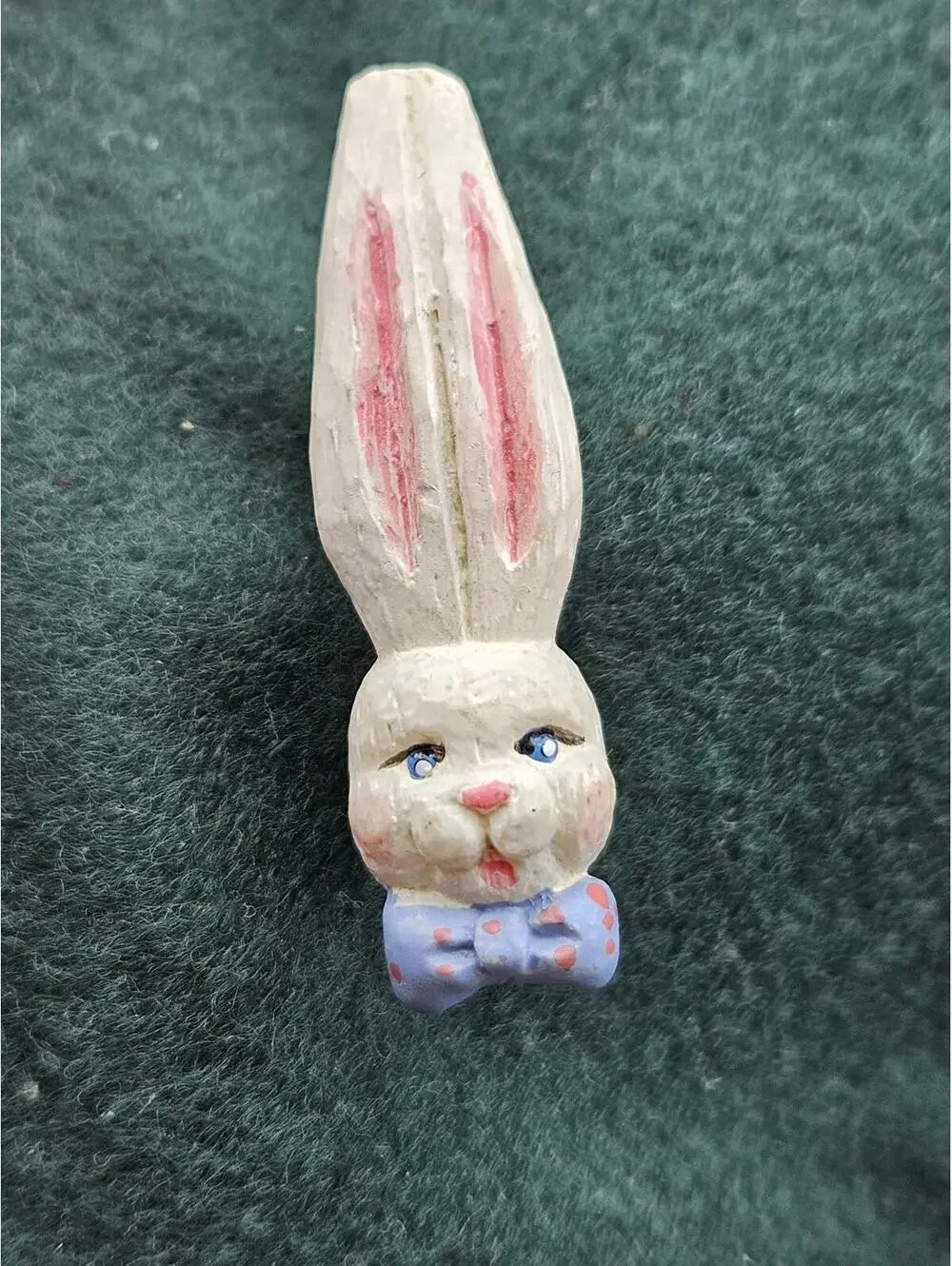 Vintage Bunny Rabbit Head Pin Brooch Carved Wood Look Blue Bow Tie